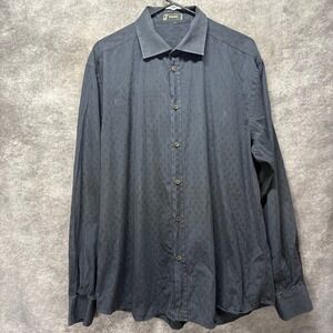 Versace Jacquard Button Up Shirt Mens XL Navy Blue Long Sleeve Made in Italy